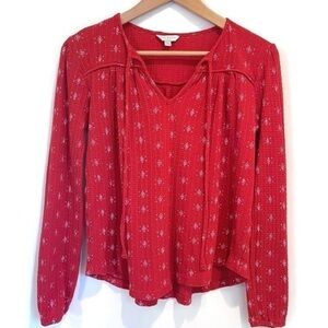 Lucky Brand Boho Long Sleeve Waffle Knit‎ Cotton Bright Red Top